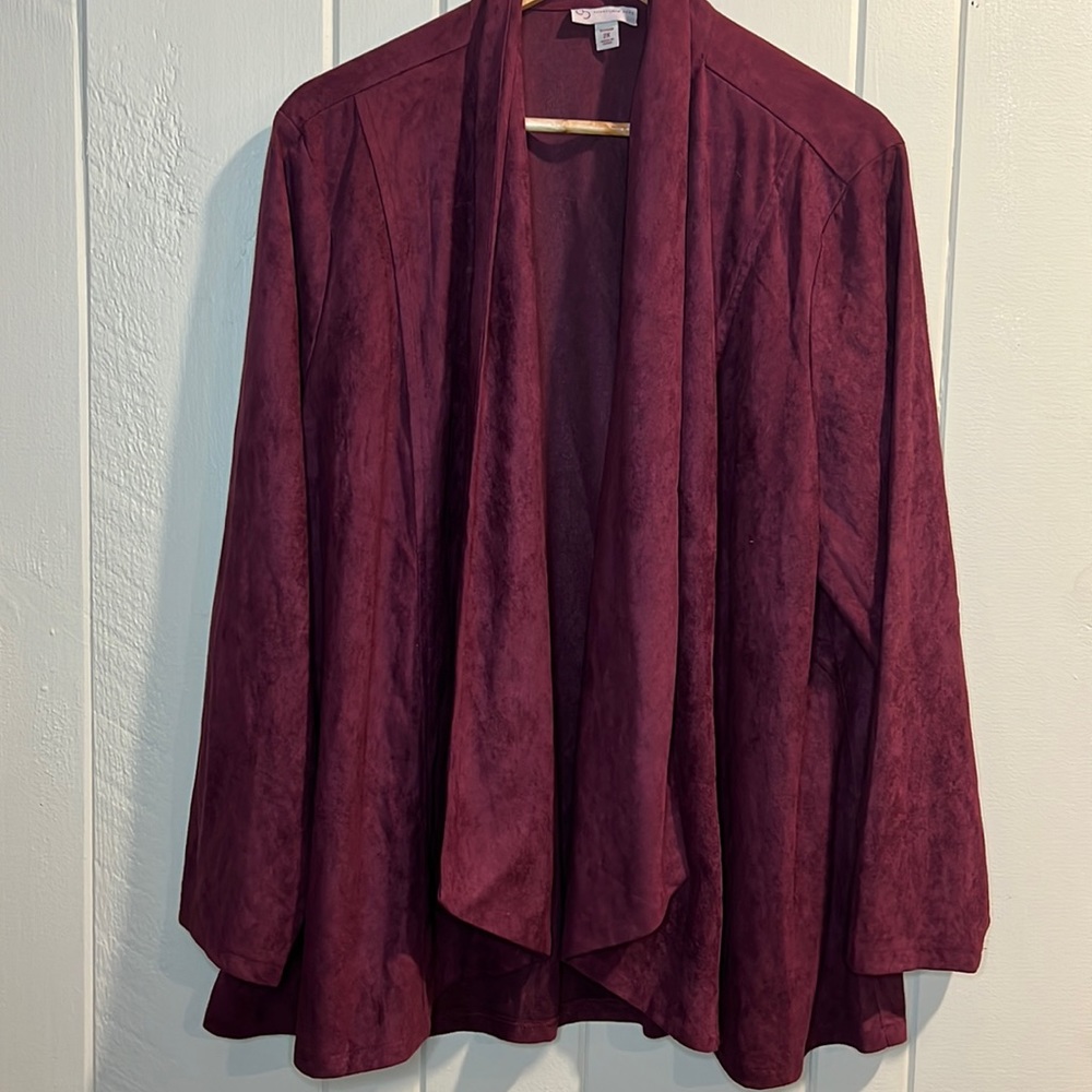 db established 1962 Wine Faux Suede Open Front Cardigan